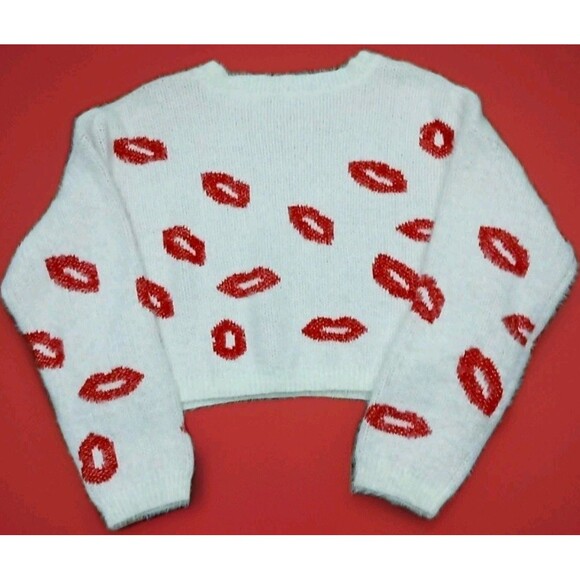 Mi Ami for Francesca’s Lip Print Cropped Sweater Women’s L White Red Fuzzy Y2K - Picture 4 of 8